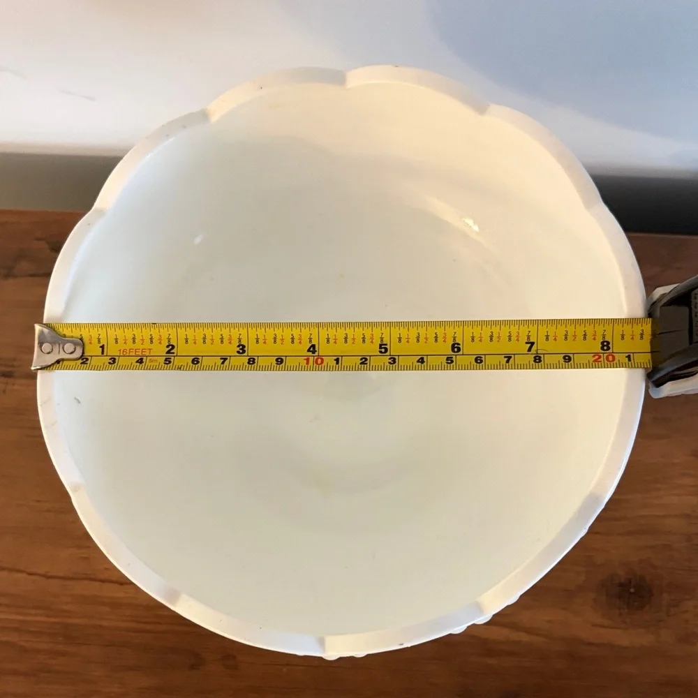 White Ceramic Pedestal Bowl | Farmhouse Decor | Scalloped Edge Compote Dish - Picture 4 of 5